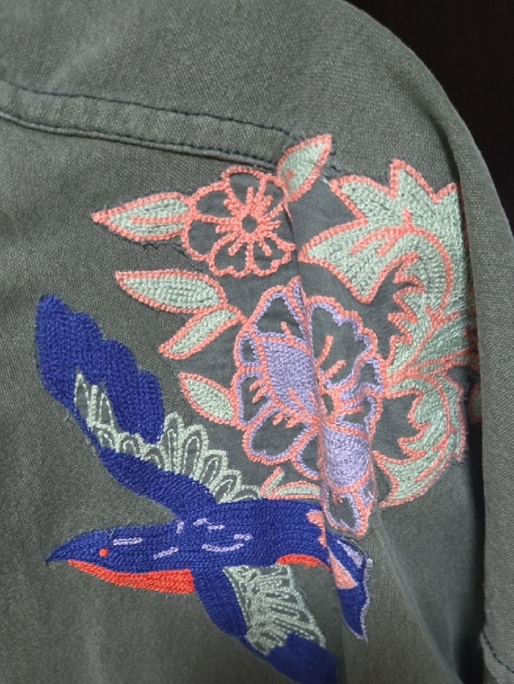 We The Free Olive Green Button-Up Shirt with Multicolor Embroidery - Picture 6 of 9
